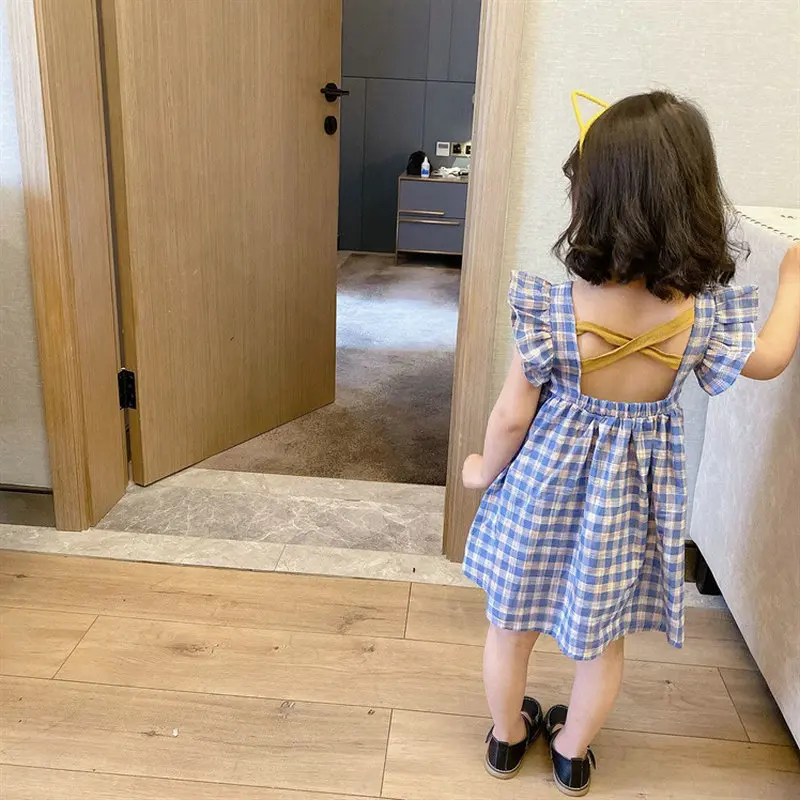 Girls Dress Plaid Backless Dress Short Sleeved Fashionable Princess Dress 26 Summer New Childrens Clothing