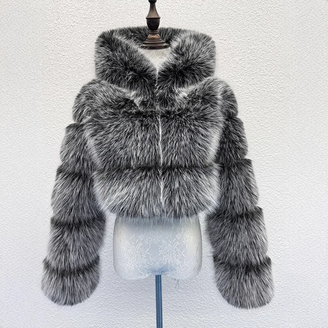 2026 Faux Fox Fur Coat Women Short Hooded Jacket Stripe Spring Long Sleeves Straight Thick Casual Office Lady Autumn Winter