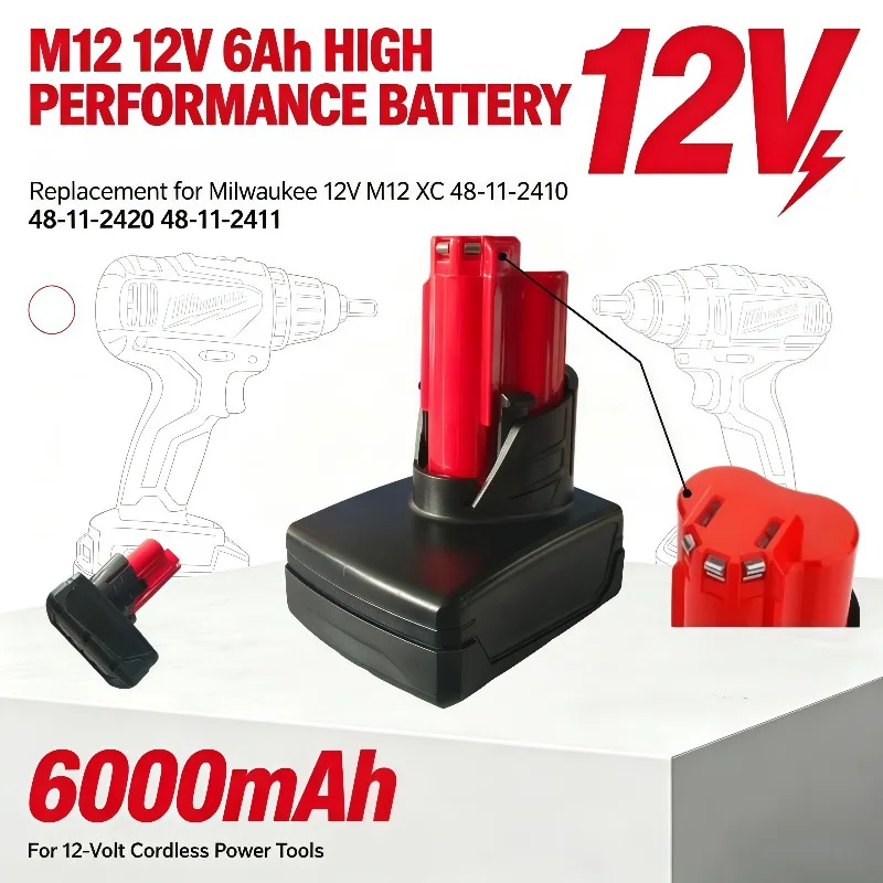 12-Volt 6Ah power cell block for Milwaukee M12 XC platform, alternative component 48-11-2410 48-11-2420 power gear