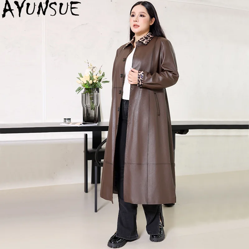 AYUNSUE 진짜 양피 정품 가죽 자켓 여성 X-롱 트렌치 코트 여성 자켓 가을 옷 2025 Jaqueta De Couro