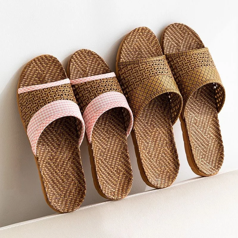 2026 Summer New Linen Rattan Grass Cool Slippers Women's and Men's Home Indoor Floor Slippers Soft Bottom Home Silent