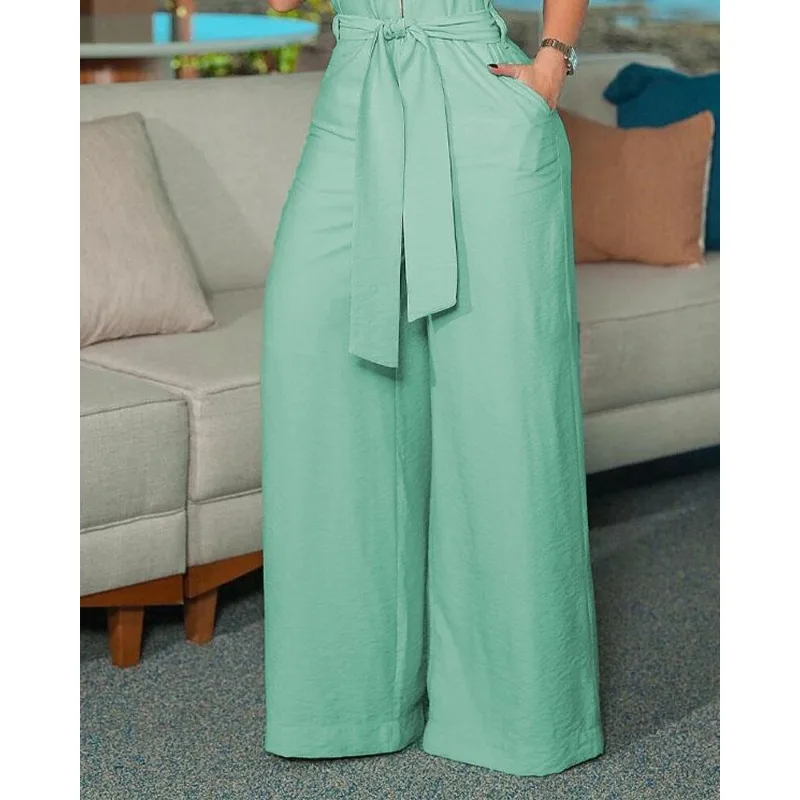 2024 Spring Summer New Women\'s Clothing Solid Color Shirt Collar Sleeveless Solid Color Zipper Strap Wide Leg Jumpsuit Pants