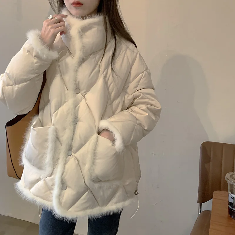 Stitching Mink 90% White Duck Down Down Jacket Women Winter Parkas Coat Korean Loose Stand-up Collar Warm Jacket Cotton Jacket