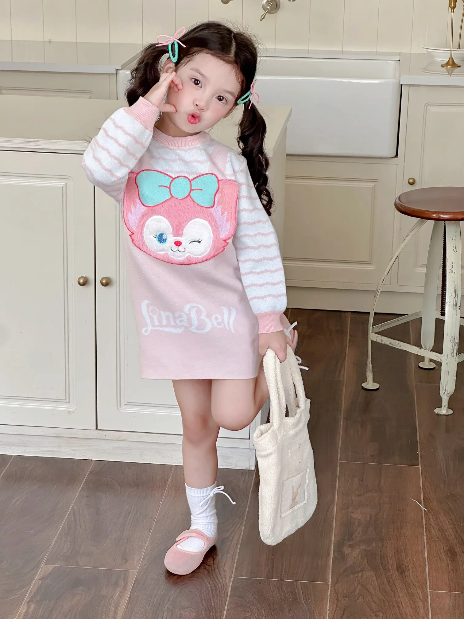 

Disney Girls' Dress Soft Knitted Dresses Children's Cartoon Cute LinaBell Fake Two Piece Sweater Skirt Autumn/Winter Dress
