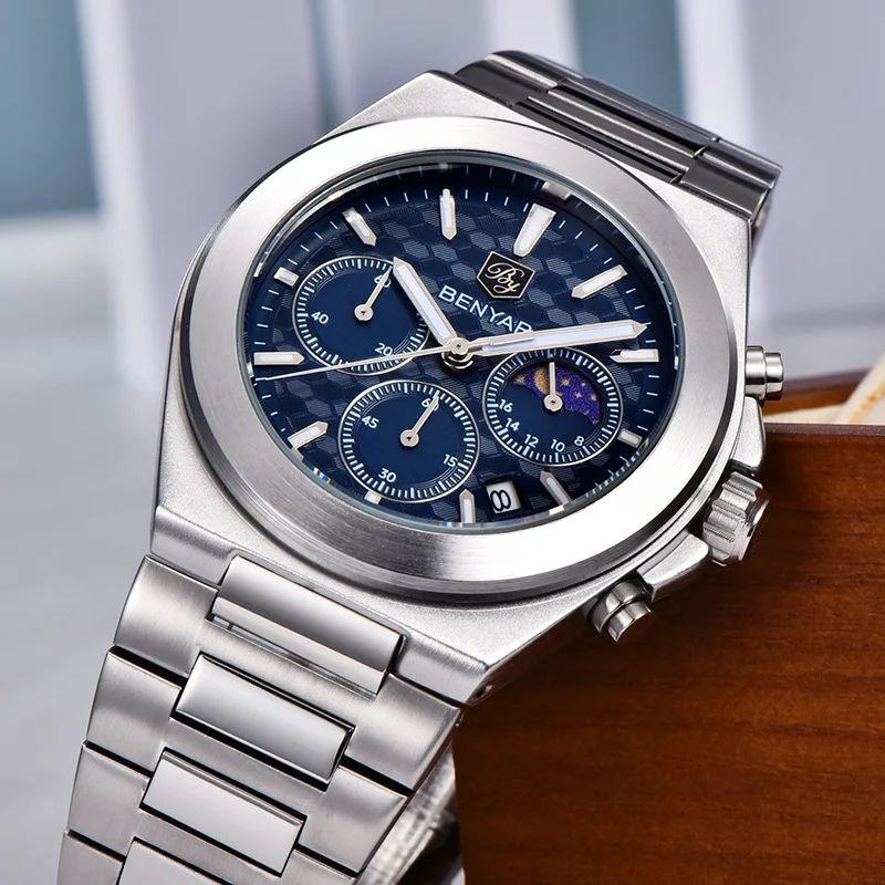 BENYAR جديد العسل الهاتفي ساعة رجالي 30 متر مقاوم للماء الفولاذ المقاوم للصدأ مضيئة ساعة كوارتز فاخرة ساعة كرونوغراف reloj hombre
