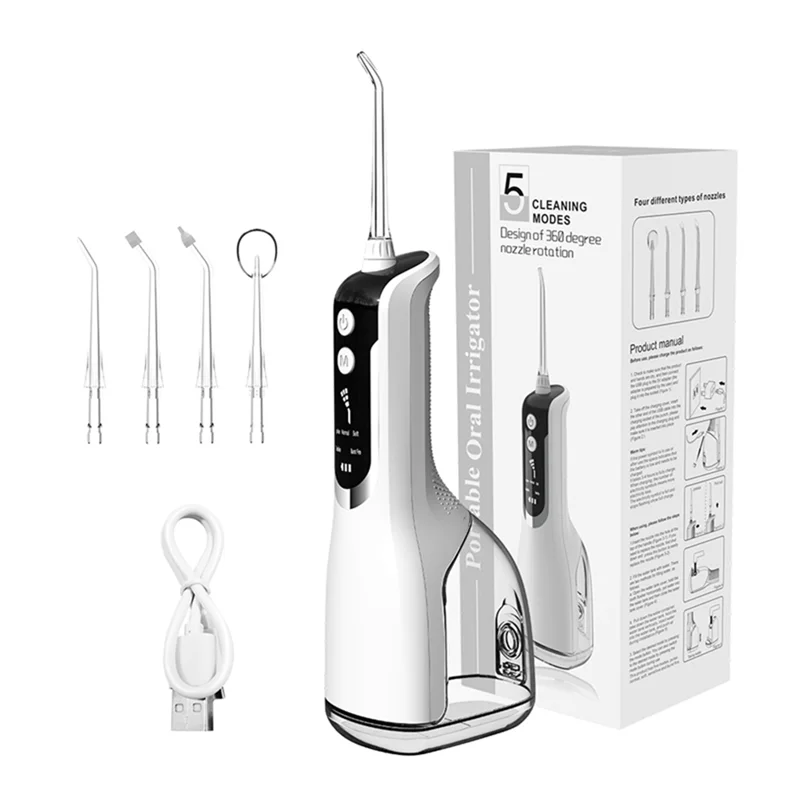 Oral Irrigator USB Rechargeable Water Flosser Portable Dental Water Jet 330ML Water Tank Waterproof Teeth Cleaner White