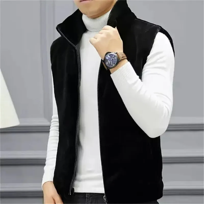 

Vest Men Jacket Sleeveless Stand Collar Imitation Mink Velvet Waistcoat Male Autumn Winter New Zipper Casual Black Gilet Coat