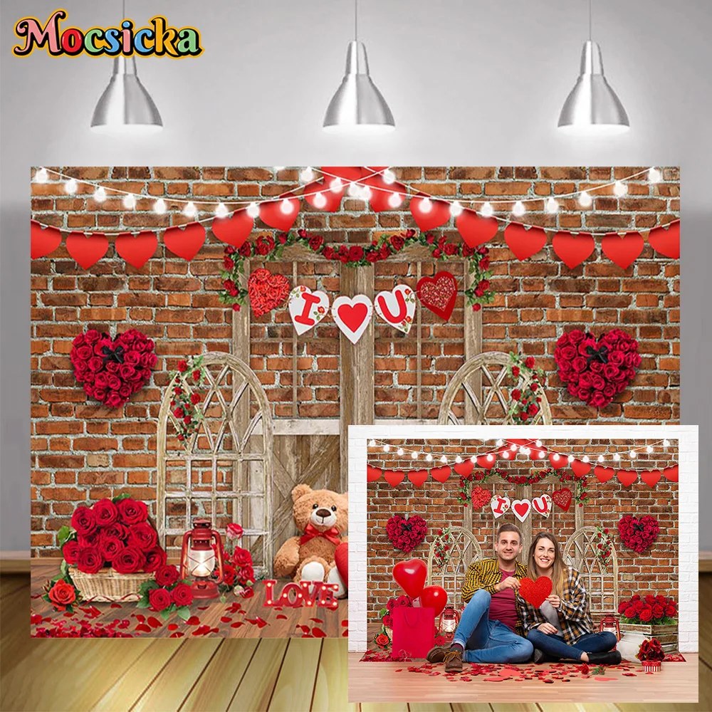 

Happy Valentine's Day Photography Backdrops Brick Wall Wood Door Bear Red Rose Love Heart Background Wedding Portrait Shoot