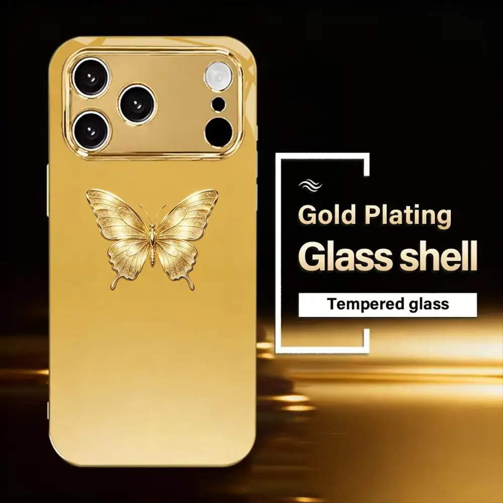 Golden butterfly plated glass phone case suitable for iPhone 18 17 16 15 14 13 12 11 Pro/Max/Plus anti drop and shockproof