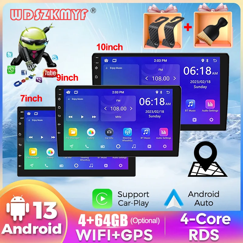 Универсальный автомобильный мультимедийный плеер с Android 13 7 9 10-дюймовым GPS 2 Din-радио Стереоприемник 64G Карта памяти...