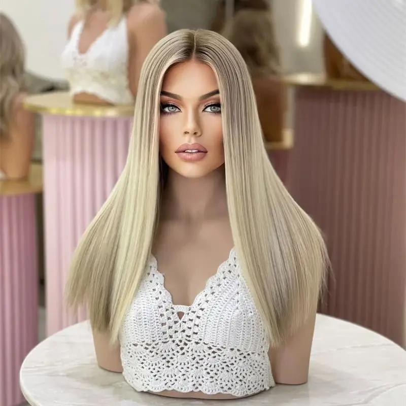 

New 26 Inches Mixed Blonde Synthetic Lace Front Wig Wig With Dark Roots Realistic Natural Looking Wig Preplucked Hairline Daily