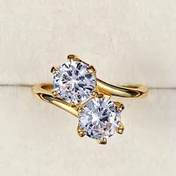 Huitan New Wedding Rings with Two Cubic Zirconia Gold Color Band Luxury Trendy Women Accessory Party Engagement Proposal Jewelry