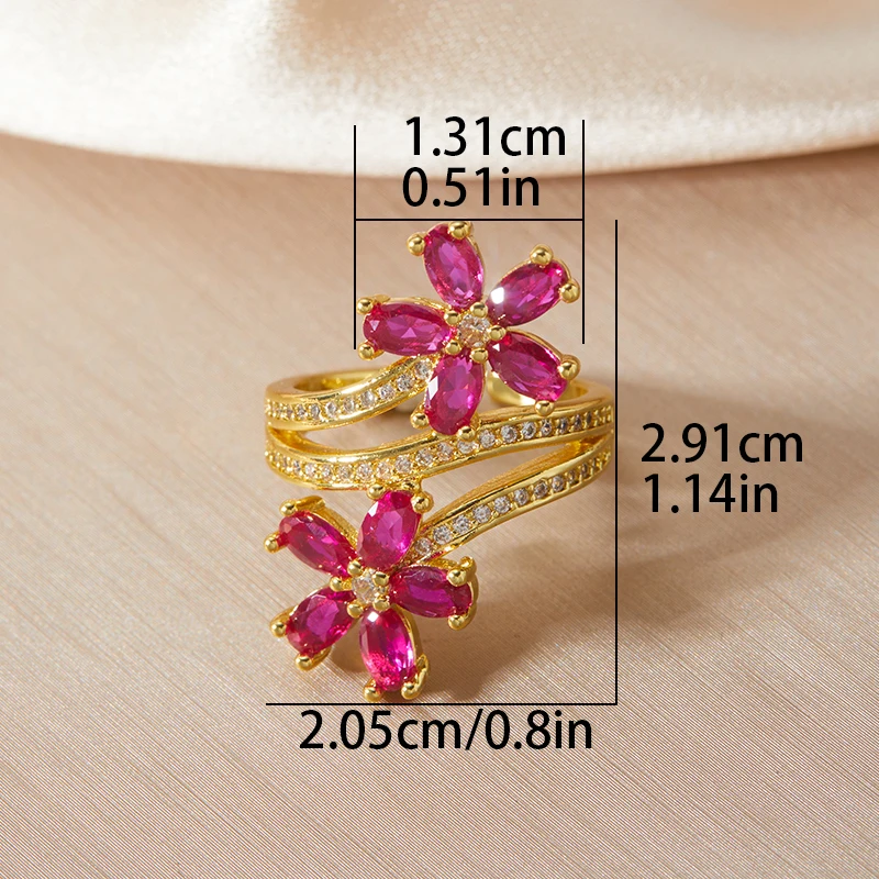 Stylish Delicate Flower Red Color Set Zirconia Ring for Women\'s Elegant Temperament Vintage Trend Party Jewelry Accessory