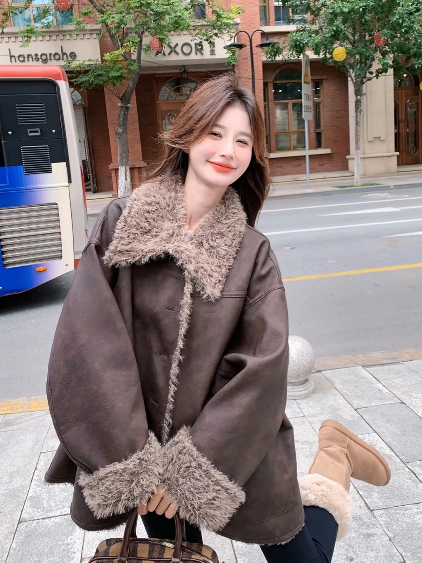 

Двусторонняя зимняя куртка унисекс из овечьей шерсти и хлопка, утепленная, свободного кроя, из искусственной кожи, теплая, для мотоциклистов