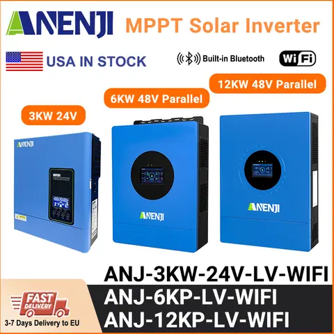 ANENJI 12KW 120V/240V Split Phase Threephase 6KW 48V 3KW 24V 110V Hybrid Solar Inverter Pure Sine Wave Off Grid MPPT With WIFI