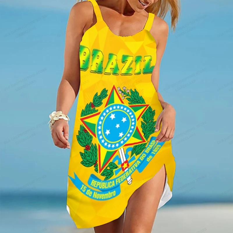 Brazil Flag Dress Women Fashion Bohemian Spaghetti Strap Dresses Party Evening Sexy Boho Beach Dress Midi Sundress Casual Loose