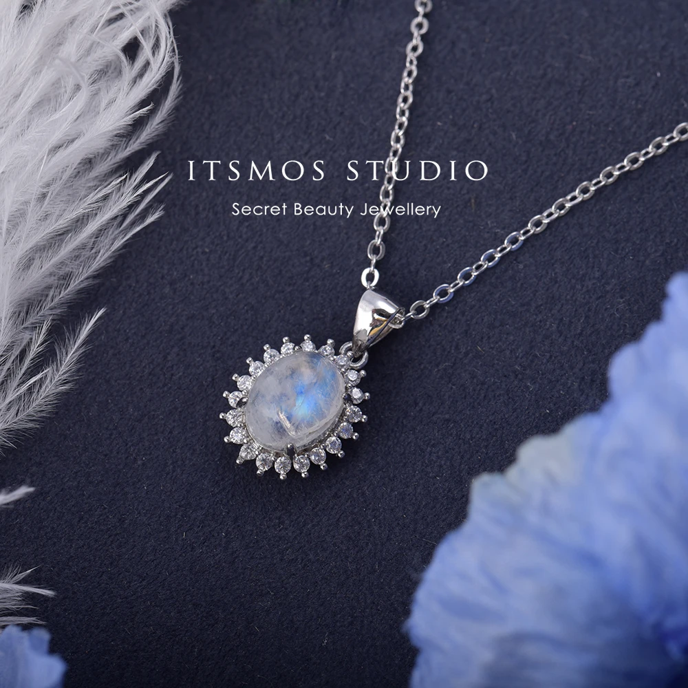 ITSMOS Natural Moonstone Silver Pendant Necklace Blue MoonLight Gemstone Necklace for Women Romantic Dainty Jewelry