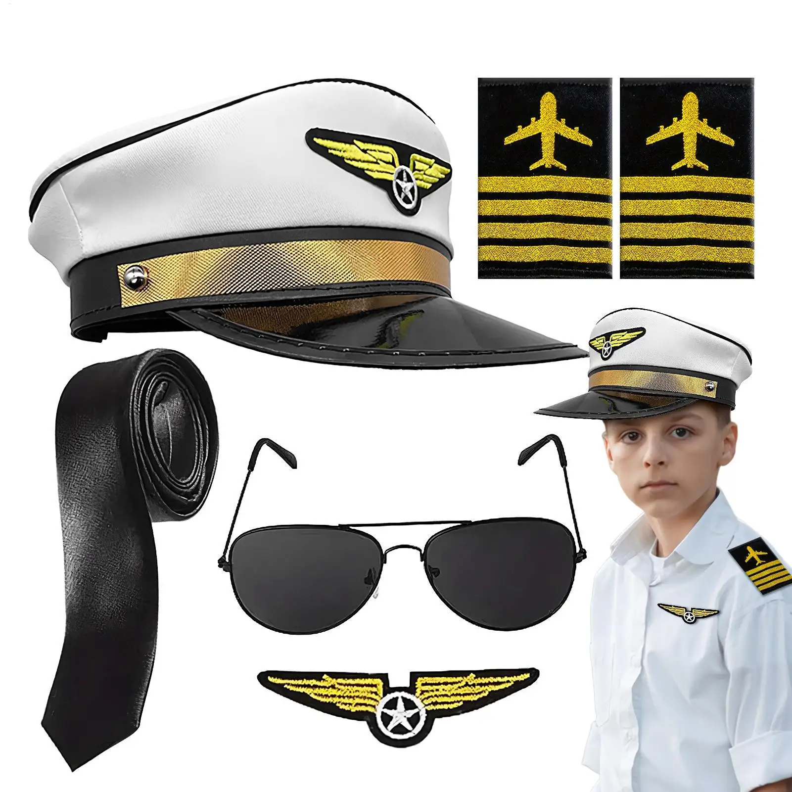 Pilot Captain Costume Set Pilot Hat Aviators Sunglasses Wing Patch Multiple Kits With Tie Epaulets Plane For Halloween Party - view 4