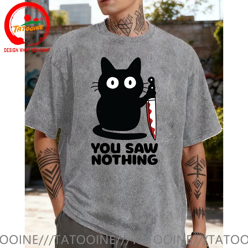 

Men's & Women's Funny Cat Printed Basic Crew Neck Vintage Washed 100% Cotton T-Shirt, Breathable Tee Unisex Fit for Men & Women