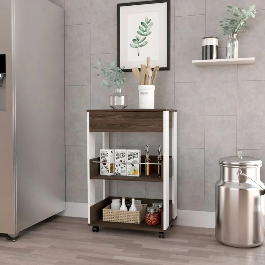 Four Casters Three Shelves Pillar Kitchen Cart White Dark Walnut