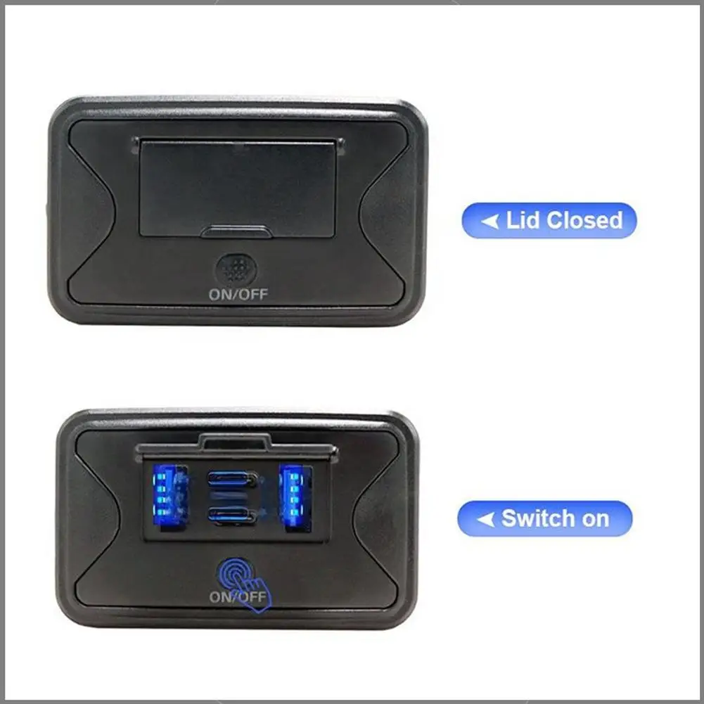 Pengisi Daya Mobil Empat Port dengan Pengisian Cepat Dual PD Dual USB dan Tampilan Tegangan Cocok untuk Mobil, Kapal Pesiar, dan RV