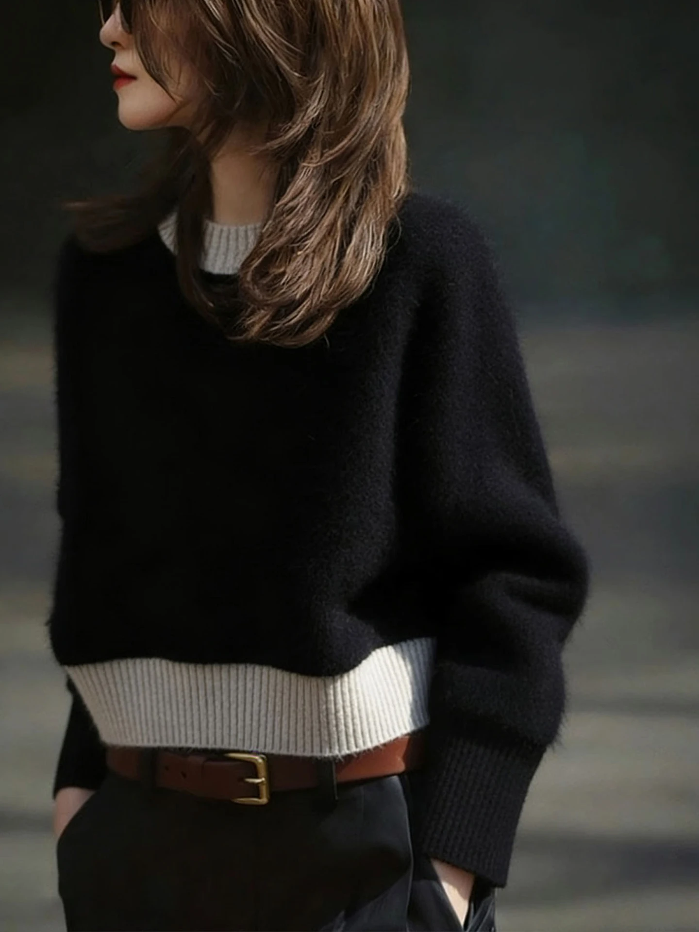 패셔너블 니트 페이크 투피스 카메라 롱 슬리브 라운드 넥 출퇴근용 여성 겨울 의류 루즈핏