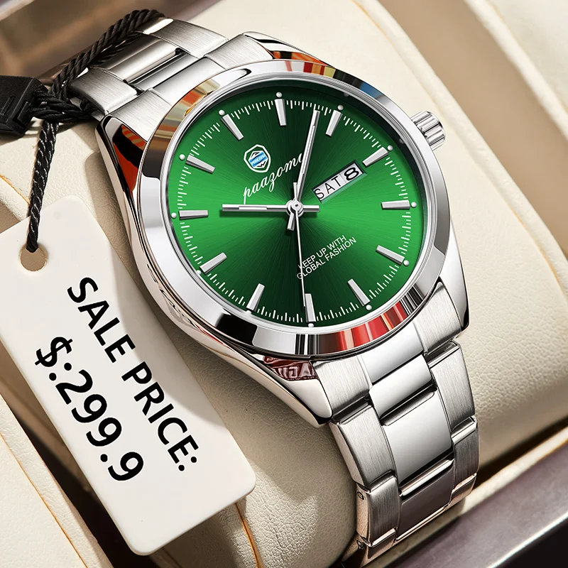 

PAAZOMU Men's Luxury Quartz Watch Waterproof Stainless Steel Luminous Wristwatch with Date And Week Display Sports Male Clock