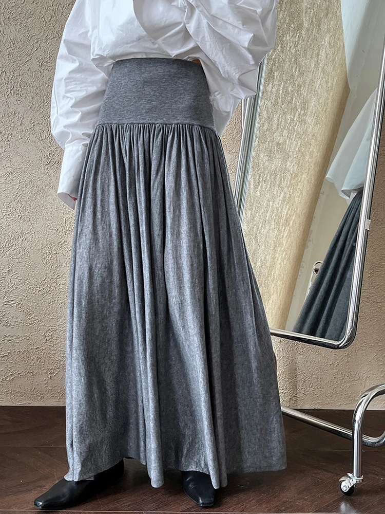 [EAM] High Elastic Waist Gray Pleatetd Elegant Long A-line Half-body Skirt Women Fashion Tide New Spring Autumn 2024 1DH7203