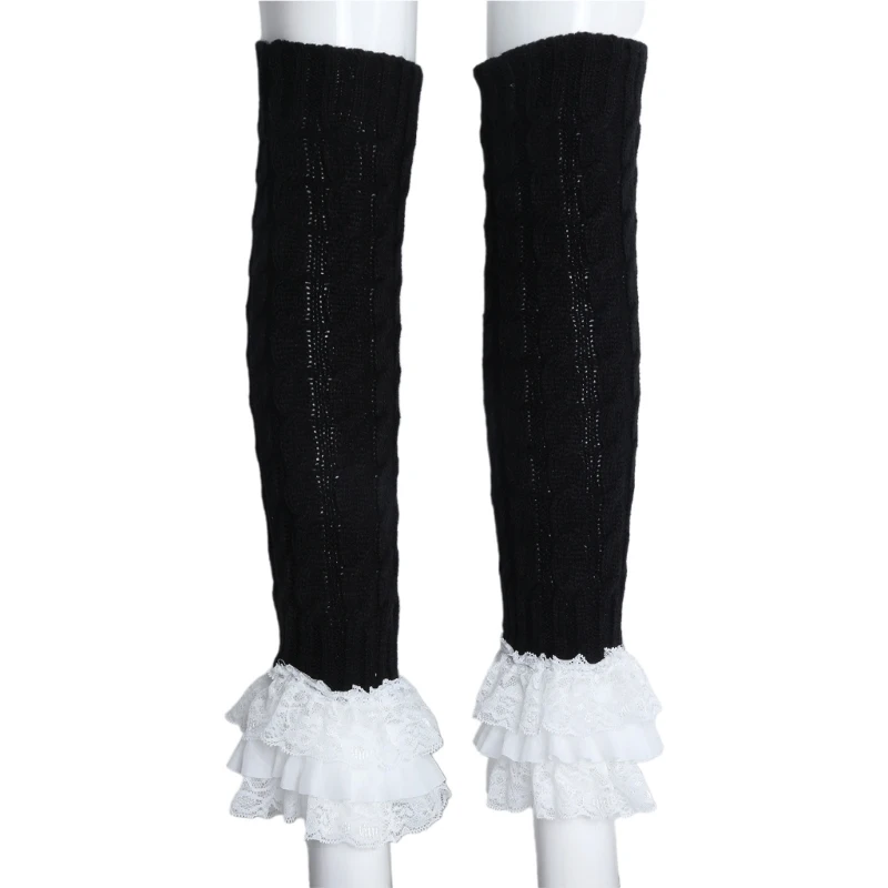 Japanese Women Cable Knitted Leg Warmer Bow Tiered Ruffled Lace Calf Socks