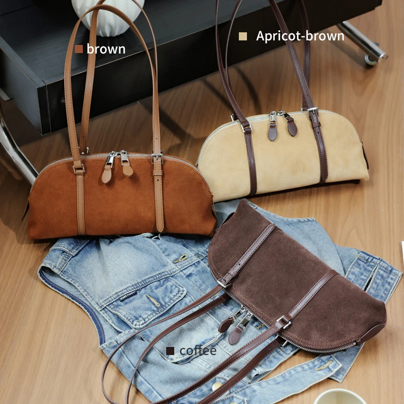 Women's Genuine Suede Cowhide Leather Half Moon Long Rectangular Shoulder Bag Matte Nubuck Leather Dual Zip Underarm Handbag