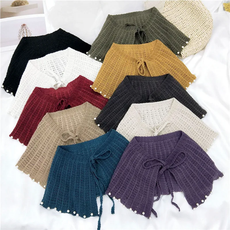 Solid Pearl Weaving Crocheting Pattern Shirts Blouse Sweater Detachable Collars Fake Scarf Shawls Imitation Collar Decoration