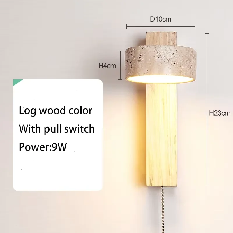 Wabi Sabi-stijl natuurlijke gele travertijn stenen wandlamp draaibaar met trekkettingschakelaar LED walnoothout decorlicht voor slaapkamer