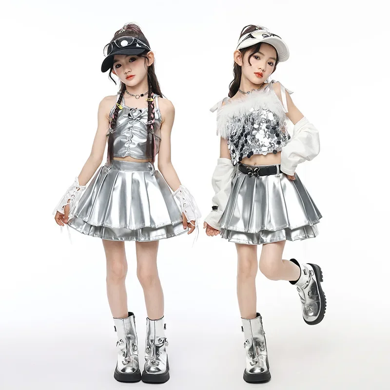 

Girls Kpop Hip Hop Stage Suit Kids Jazz Dance Performance Costume Children Street Dance Clothing Silver Sequin Tops Skirt