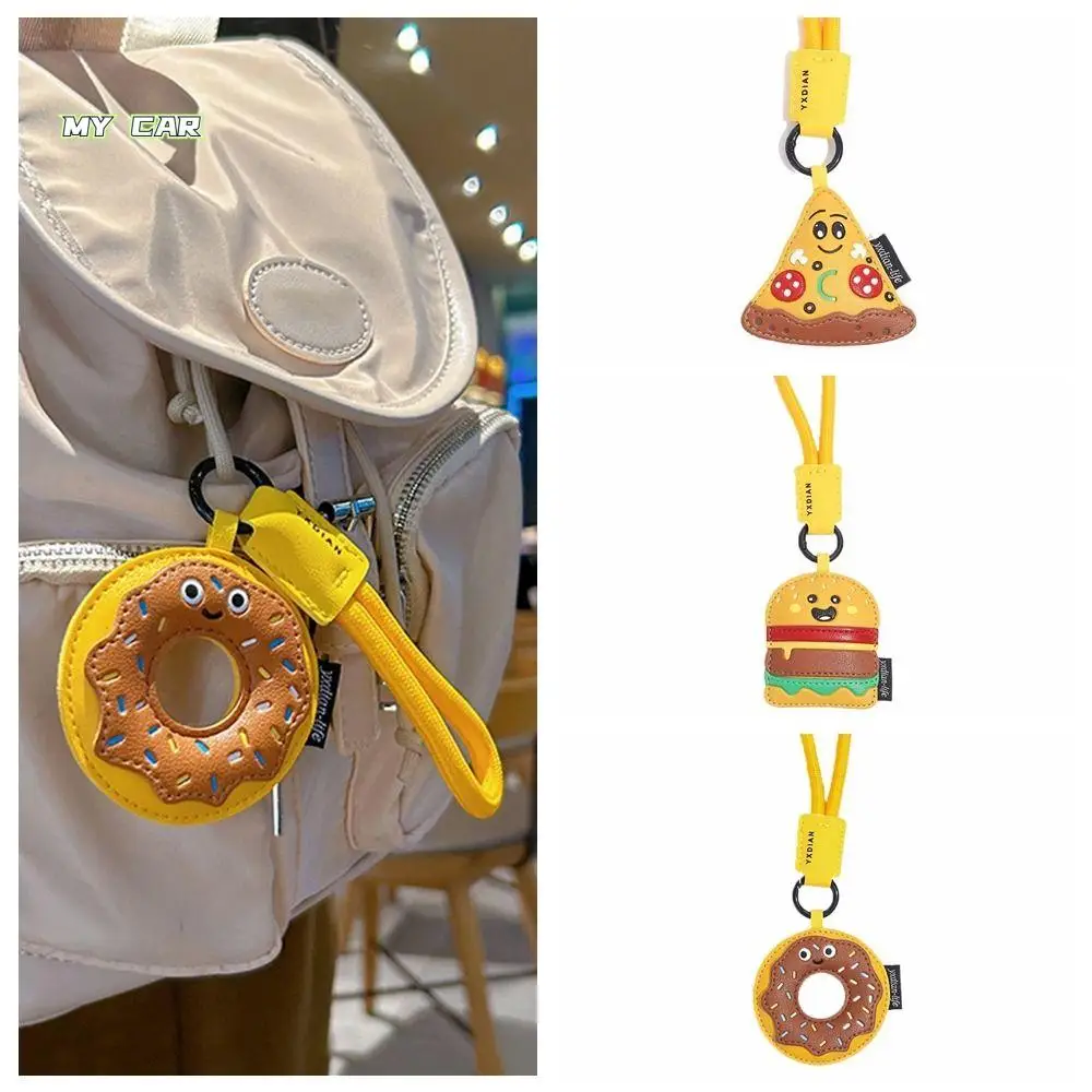 

Lovely Donut Food Keychain Pizza Car Key Holder PU Leather Keyring Lanyard Phone Hanging Bag Pendant Unisex