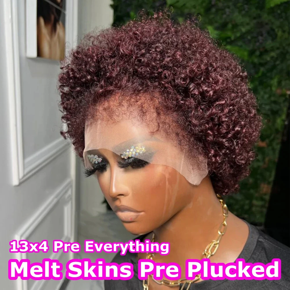 

99j Burgundy Kinky Edges Natural Hairline Colored Wig Wear and Go Glueless Kinky Curly Short Bob 13x4 Lace Front Human Hair Wigs