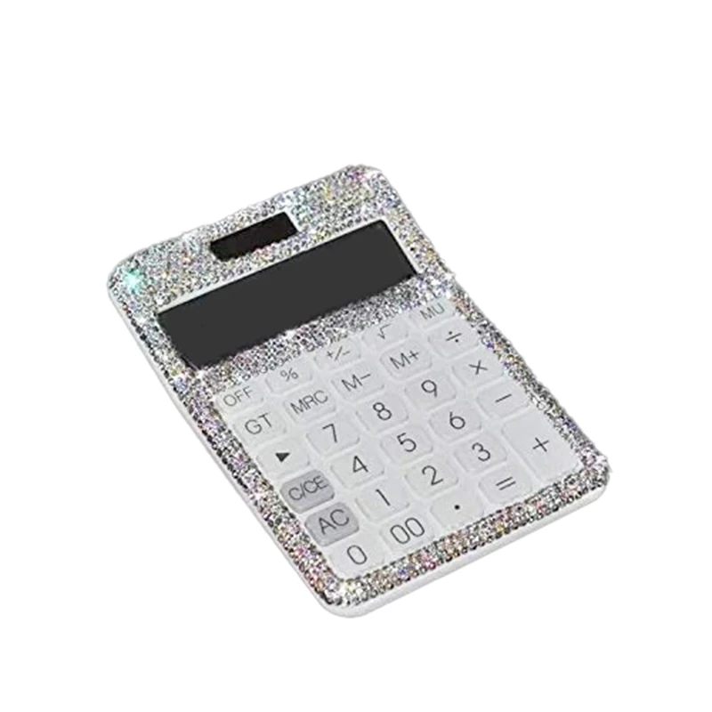 Calculator High Quality Rhinestone Crystal Dazzling 12 Digit Solar And Battery Dual Power LCD Display For Office, School White