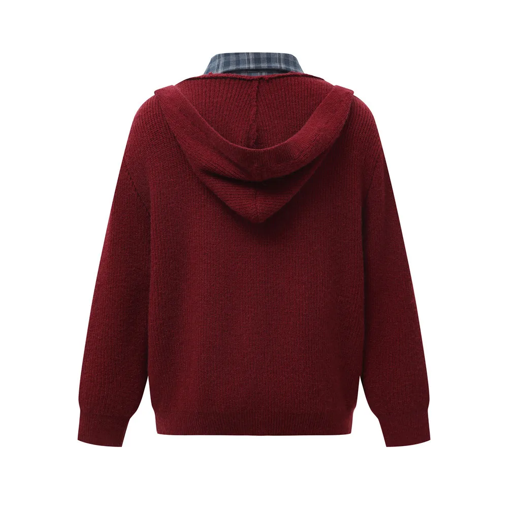 Maglione con cappuccio a quadretti a blocchi di colore falso in due pezzi Uomo Donna Autunno Inverno Casual Colletto della camicia allentato Maglione lavorato a maglia