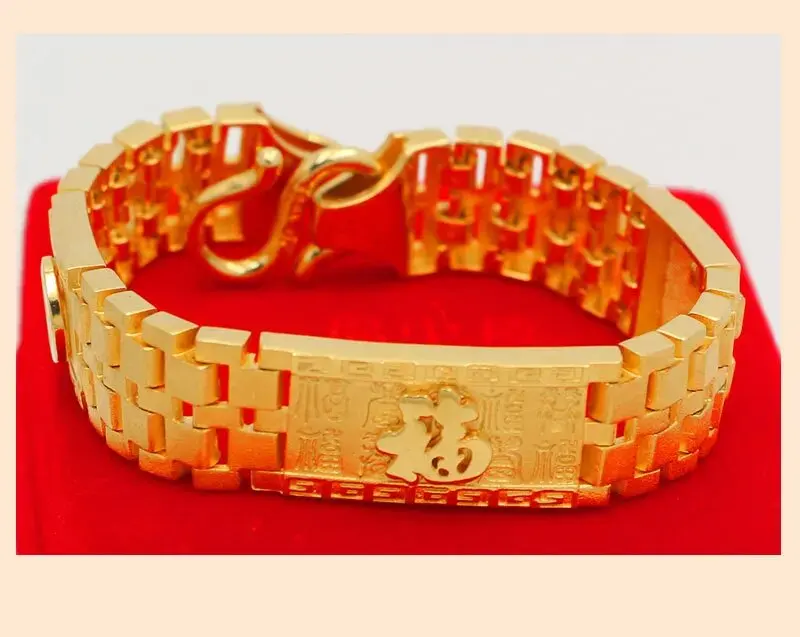 Real 18K Gold Fu Character Watch Strap Chain Bracelet Pure Open Classic Domineering Watch Chain Bangle for Men Fine Jewelry Gift