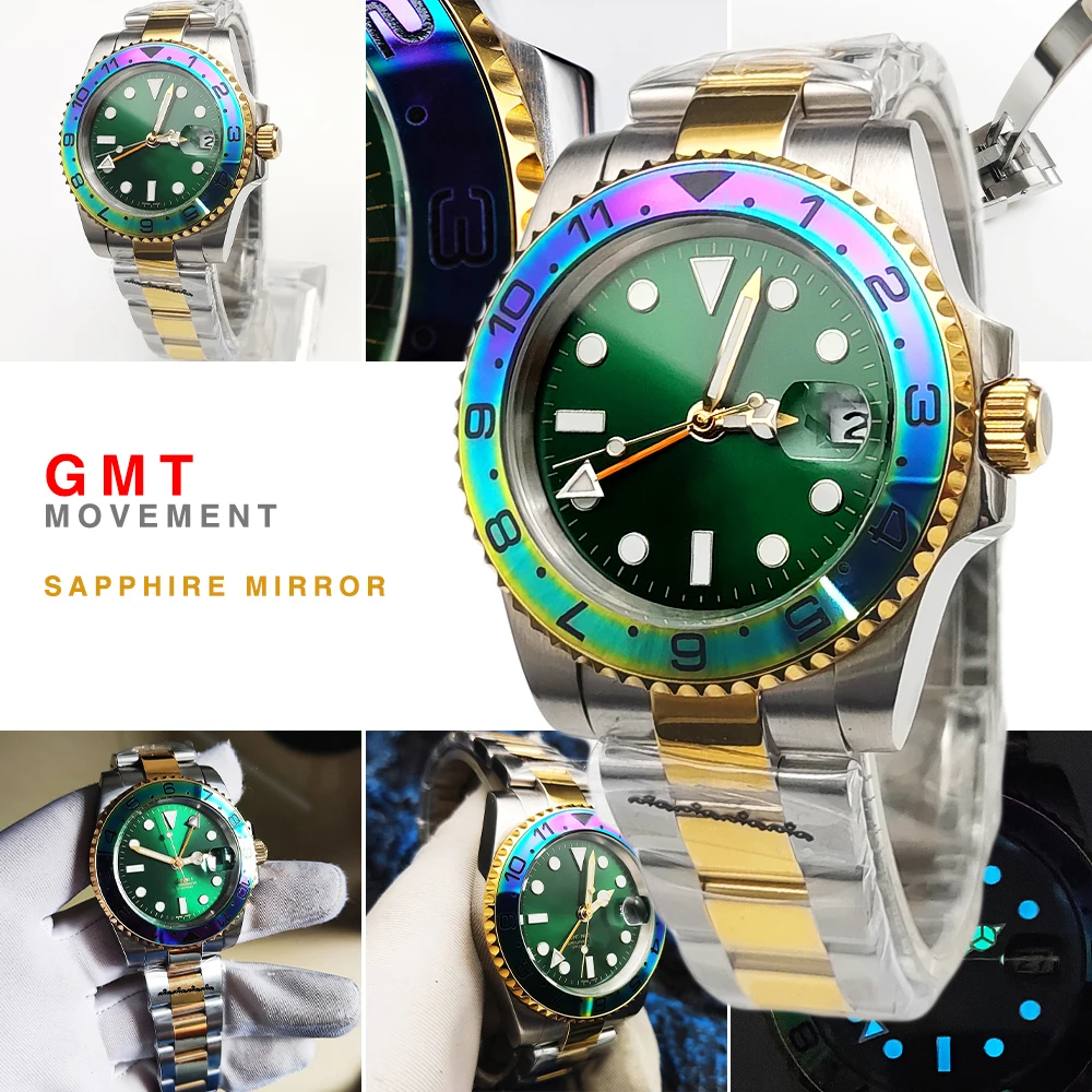 Luxury Fashion 40mm Men's Mechanical Watch GMT Automatic Movement with Oyster Stainless Steel Strap Mounted Sapphire Glass