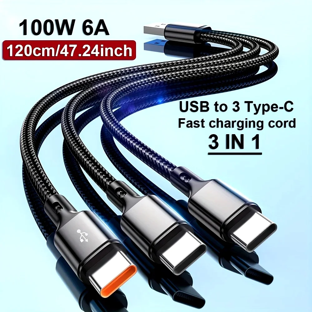 3 in 1 Fast Charging Cable 6A USB to 3Type C High Speed Charging Cord Quick Data Transfer Wire For iPhone Huawei Samsung Xiaomi