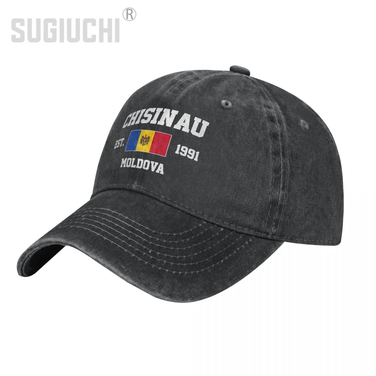 

Flag of Moldova EST.1991 Chisinau Unisex Adult Charcoal Washed Denim Baseball Cap Men Vintage Cotton Dad Patriotic Trucker Hat