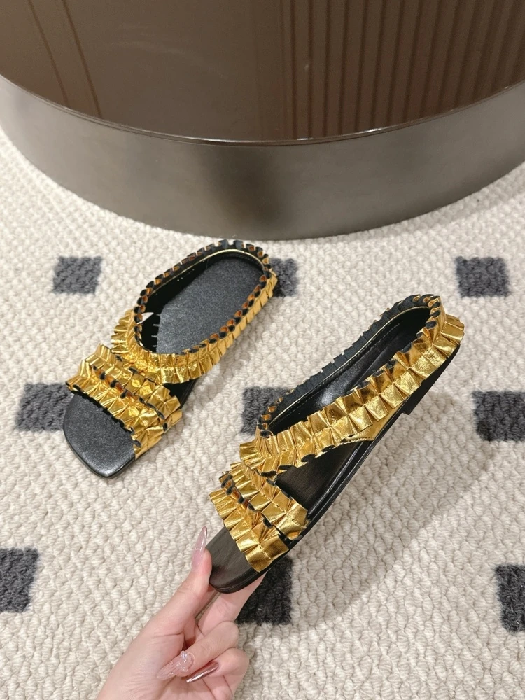 

Summer new gold stockings high heels shoes retro fashionable square head sandals folded slippers