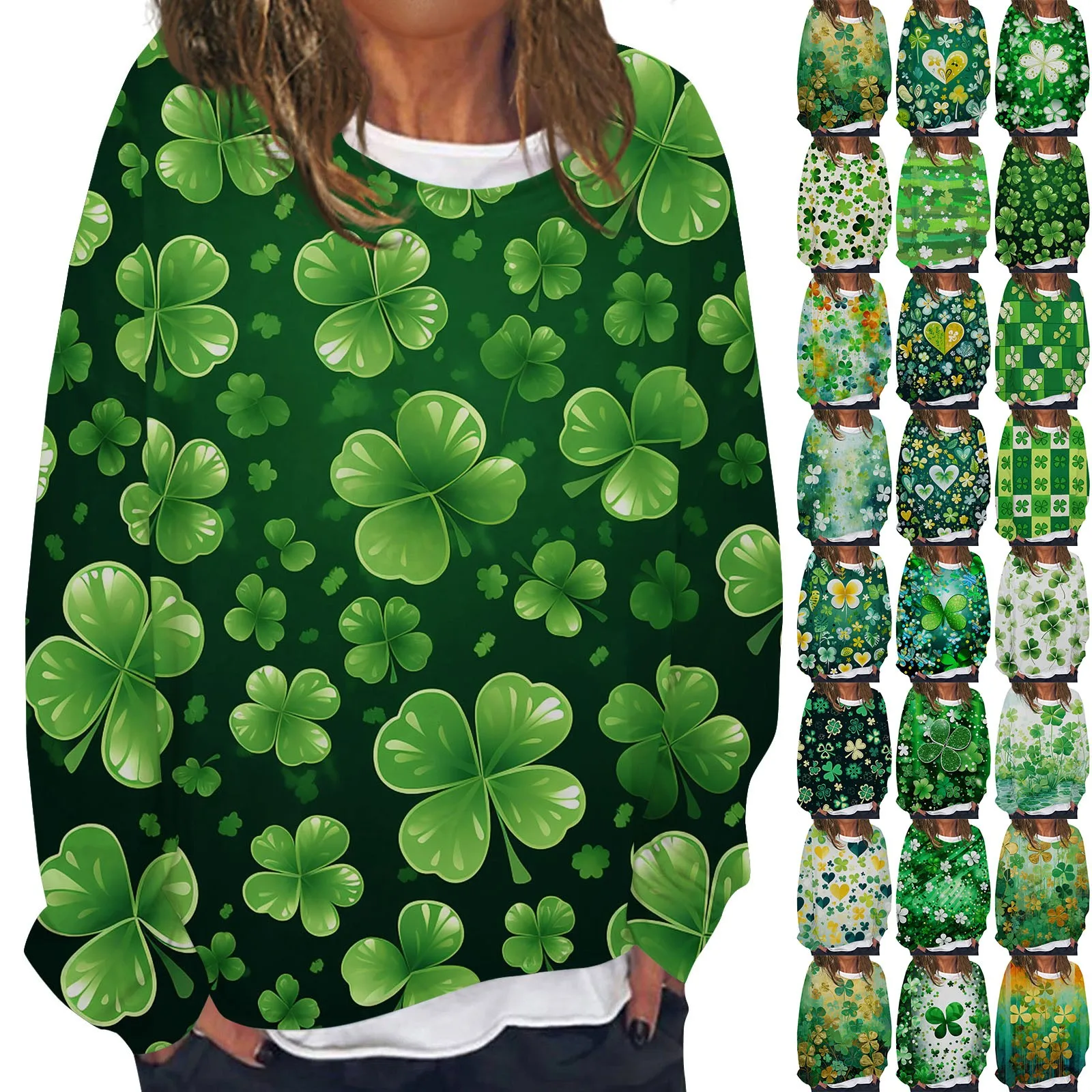 Women T Shirt Clover Print 2024.3.17 Happy St. Patrick’S Day Round Neck Long Sleeve Tops Carnival Ireland Festival Lucky Bless