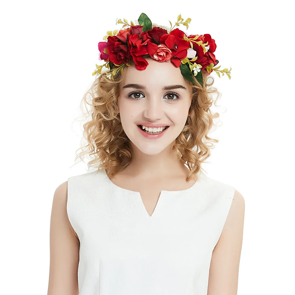 Hot sale Christmas headdress garland woman big red head flower crown headband bridal wreath crowns hairband