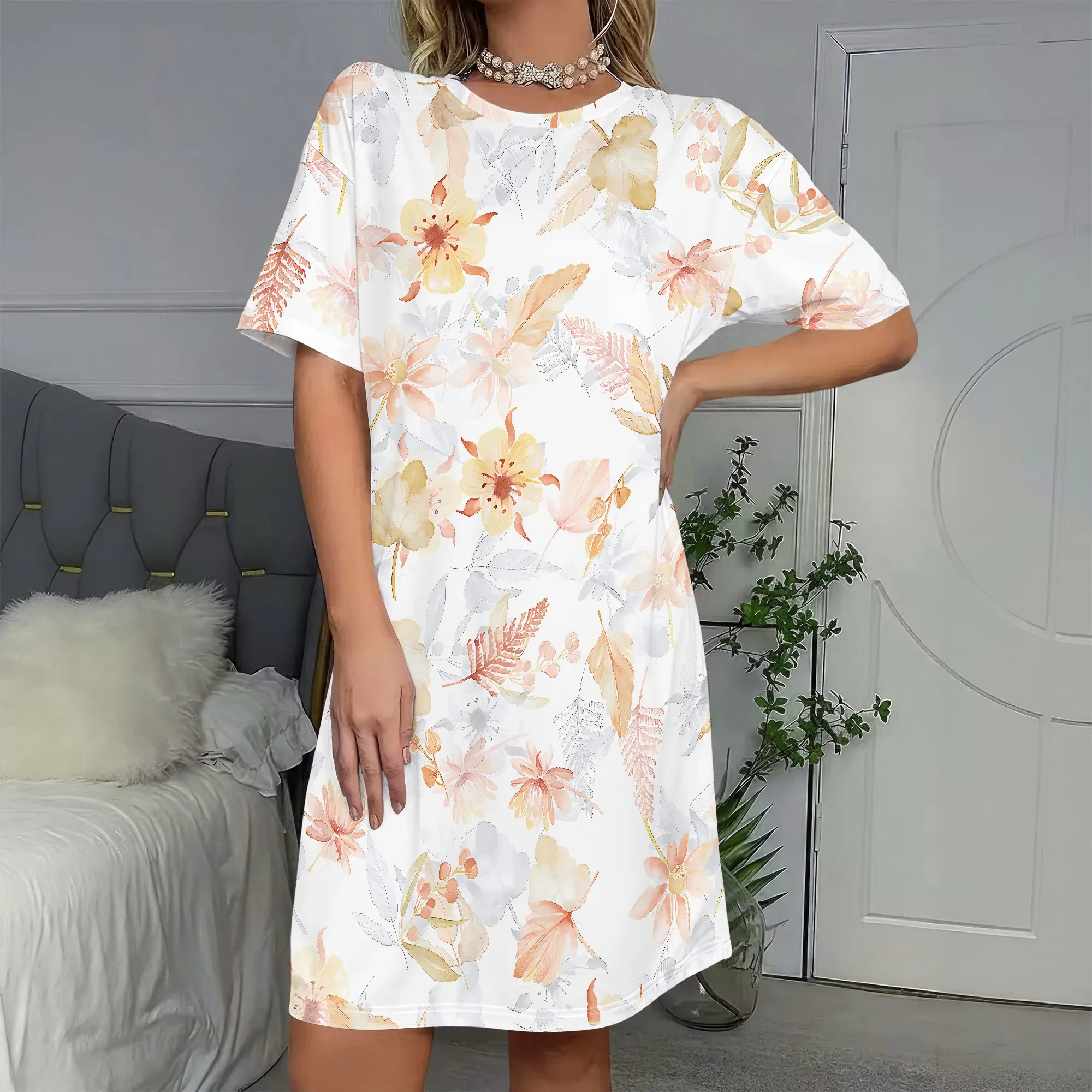 

Floral Print, Short Sleeve Dress, Loose Fit Tunic, Casual Beach Wear, Summer Vacation Outfit, S-2XL