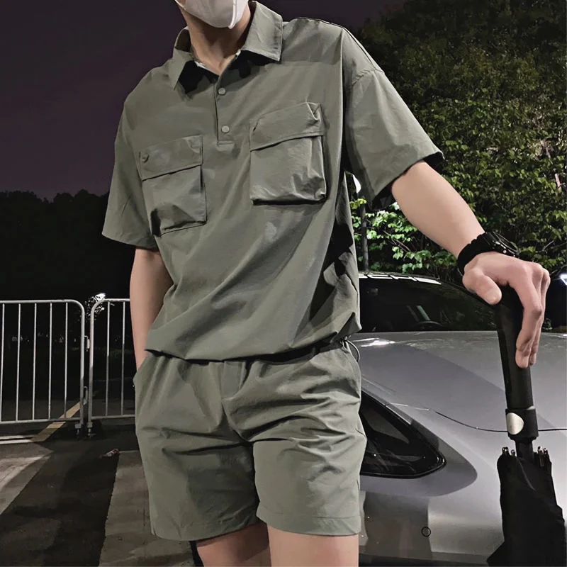 

Summer 2 Piece Set Short Sleeve Polo Shorts Army Green Big Pocket Men's Sports Suit Casual Social Street Wear Men Sets Clothing