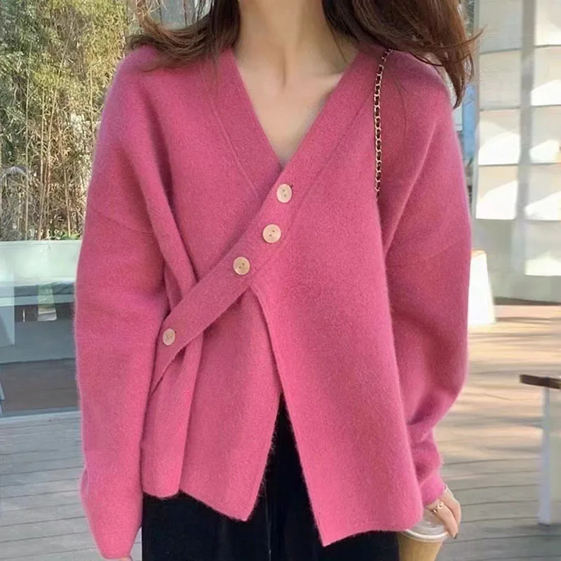 South korea Dongdaemun Sweet Age-Reducing Cross V-neck Pink White Oblique Buckle Loose Knit cardigan Sweater Outerwear Women