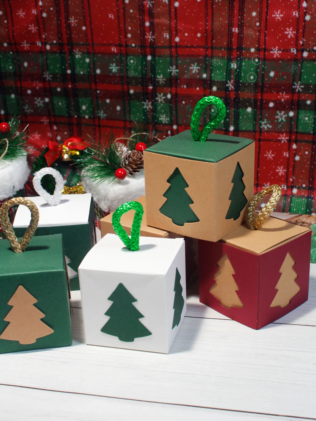 Christmas Mini Gift Boxes Holiday Favor Boxes with Christmas Tree Design in Green Red and White Perfect for Candy Chocolates