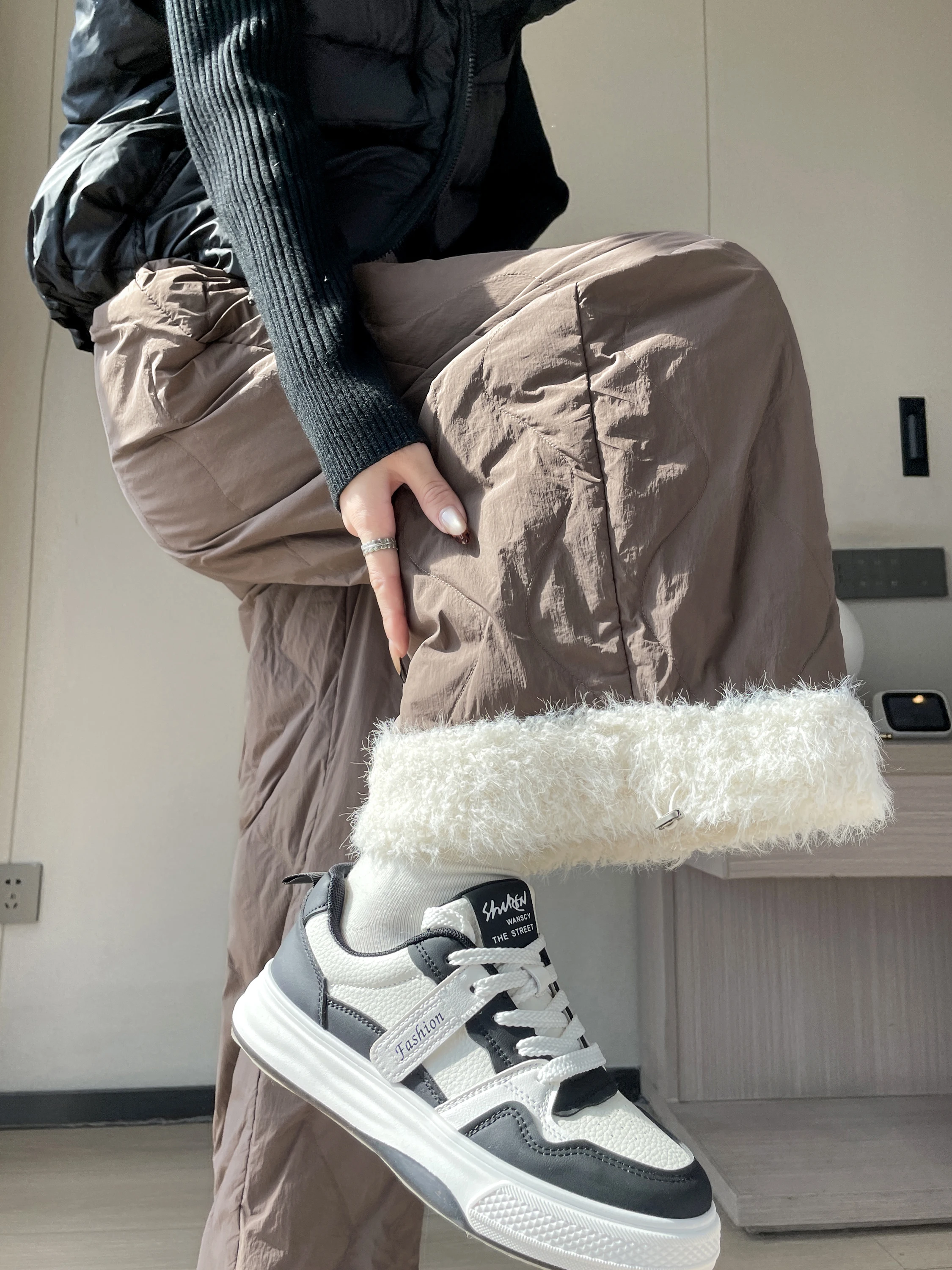 White Cotton Blend Frayed Hem Windproof Women's Winter High Waist Slimming Casual Wide Leg Pants Nine Point Pants