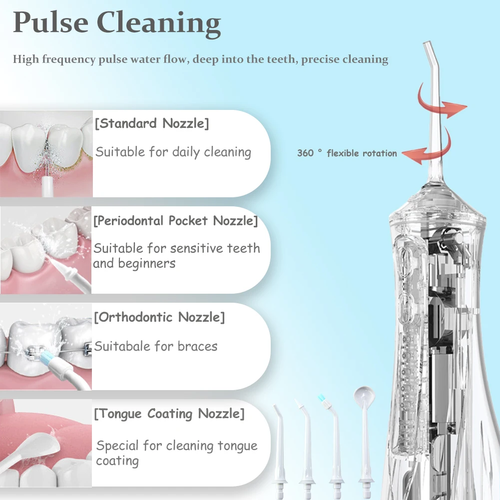 220ML Dental Oral Irrigator Water Cleaning Tooth Pulse Teeth Water Flosser USB Rechargeable Waterproof Jet Floss Flushing Device